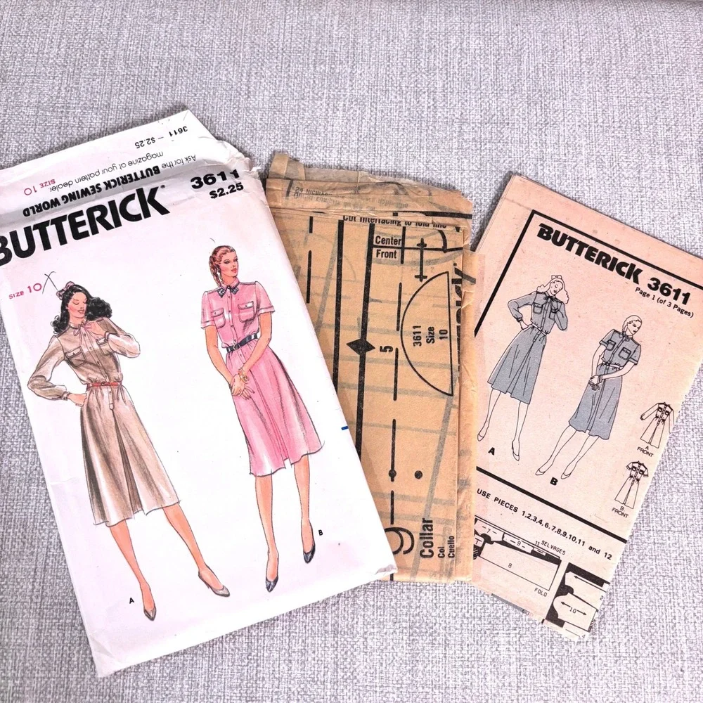 Butterick 3611 Safari Chic Button-Up Shirt Dress Sz 10 Preppie Classic Vtg 70s